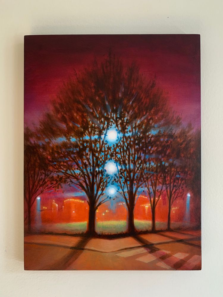 A vertical painting against a white background. Painting depicts a nighttime scene of a street corner with a dark purple sky and dark trees, in the distance a glowing orange city skyline can be seen. 3 glowing white orbs are nestled in the branches of the trees casting wide blue rays of light and long shadows on the ground.