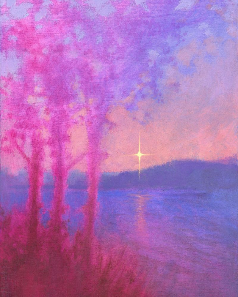 A vertical landscape painting of a lake with out of focus, dark pink trees in the foreground. A yellow star floats just above the distant hills above the lake against the peach and periwinkle sky.