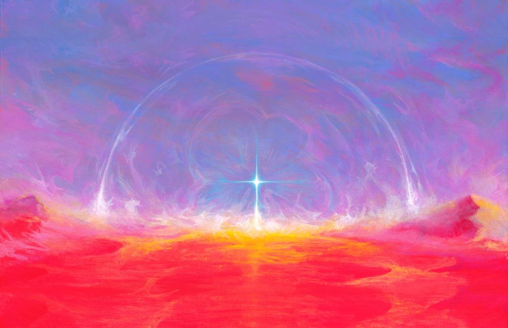 A painting of a red desert with a blue and purple sky. on the horizon in the center is a large white and blue star exploding with a bubble halo, the red sand is illuminated yellow by the stars light.