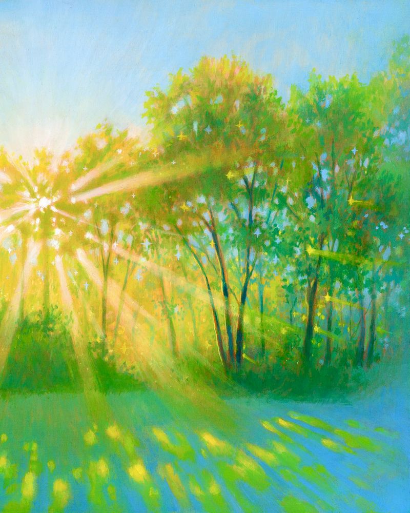a vibrant landscape with yellow sunlight bursting through a wall of trees. the sun casts dappled light on a blue and green clearing in front. some of openings in leaves are shaped like stars