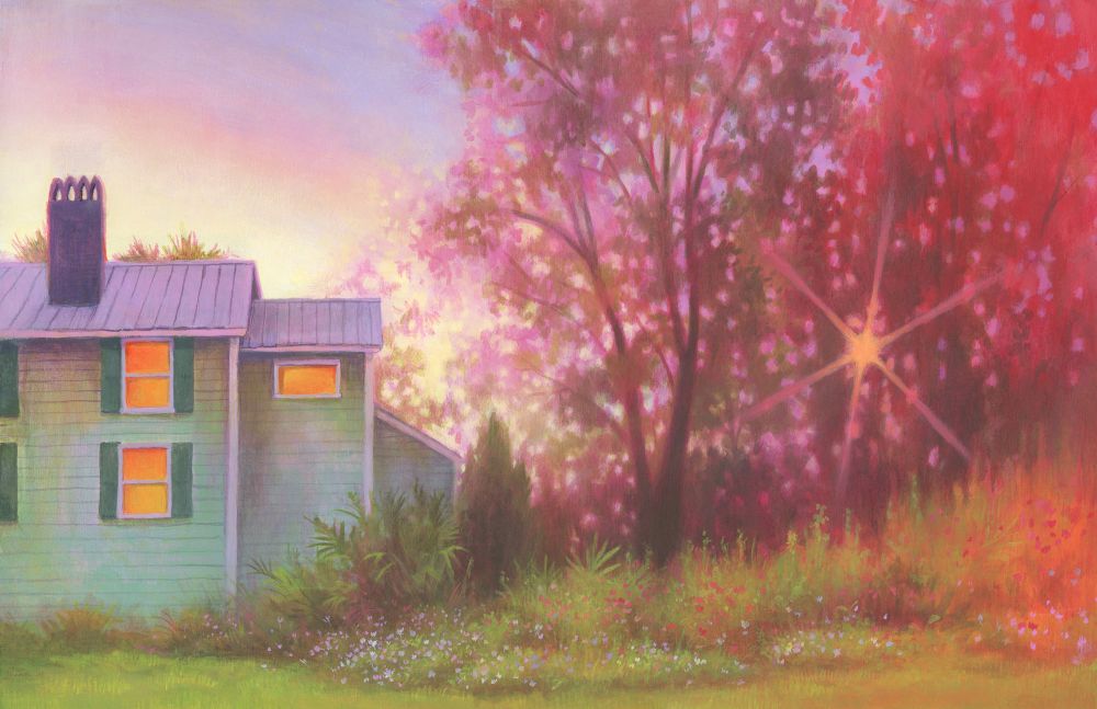 An acrylic painting of a green house and trees at dusk. the house’s windows glow with an orange light, a setting sun’s light  bursts through the red tinted trees in the right
