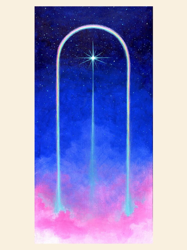 A vertical panoramic painting against an off-white background. The painting features a night sky that transitions into pink clouds at the bottom, rising from the clouds is a tall arcing rainbow and in the center rises a large star. 
