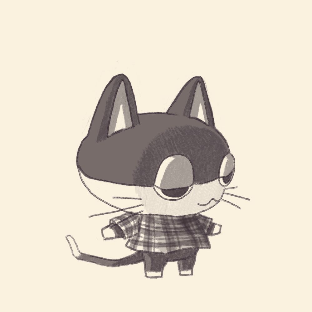 a black and white digital illustration of the animal crossing cat character Punchy. he is stylized and stretched out