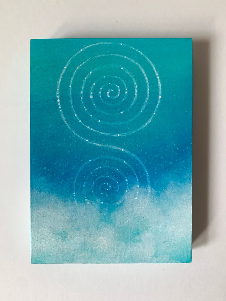 A photo of a rectangular painting against a white background. Painting depicts a blue sky with white clouds at the bottom, a double spiral floats above and in the clouds and small orbs fill the path of the spiral and float around the clouds