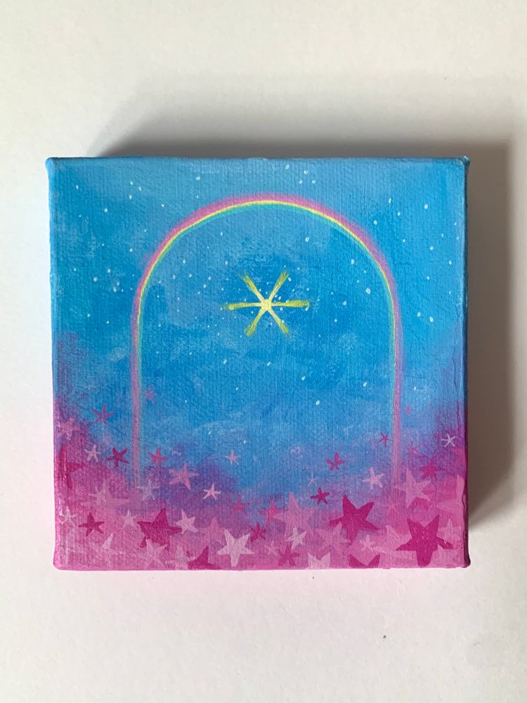 A square painting against a white background. Painting depicts a blue sky with pink clouds, and a rainbow. In the center there is a sun and many stars rest in the clouds beneath. 