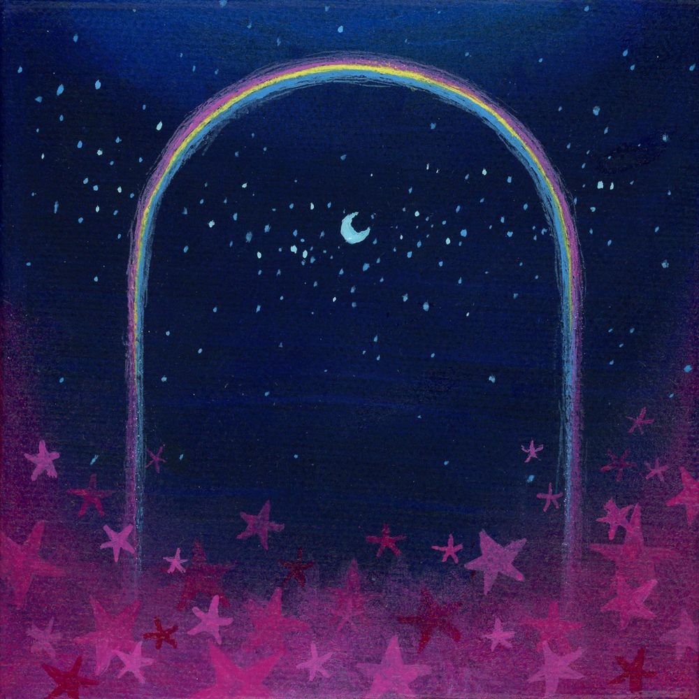 A square acrylic painting of a rainbow with a moon in the center against a dark blue sky with speckled stars. At the bottom, the rainbow dissolves into pink clouds filled with five pointed stars
