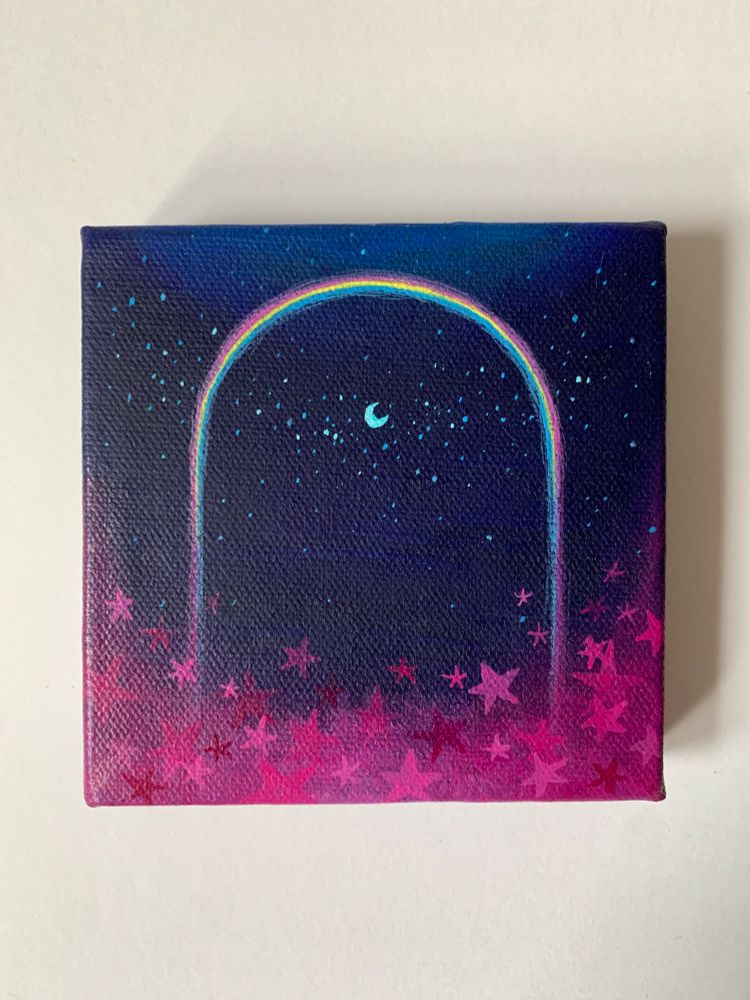 A square painting against a white background. Painting depicts a dark blue sky with pink clouds, and a rainbow. In the center there is a moon and many stars rest in the clouds beneath. 