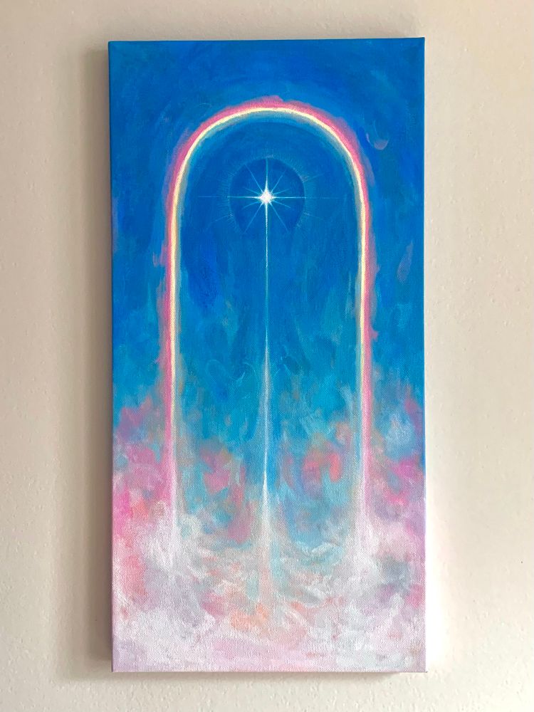 a tall painting on canvas against a white background. painting depicts a rainbow against a blue sky with low hanging white clouds at the bottom. a tall star rises from the center 