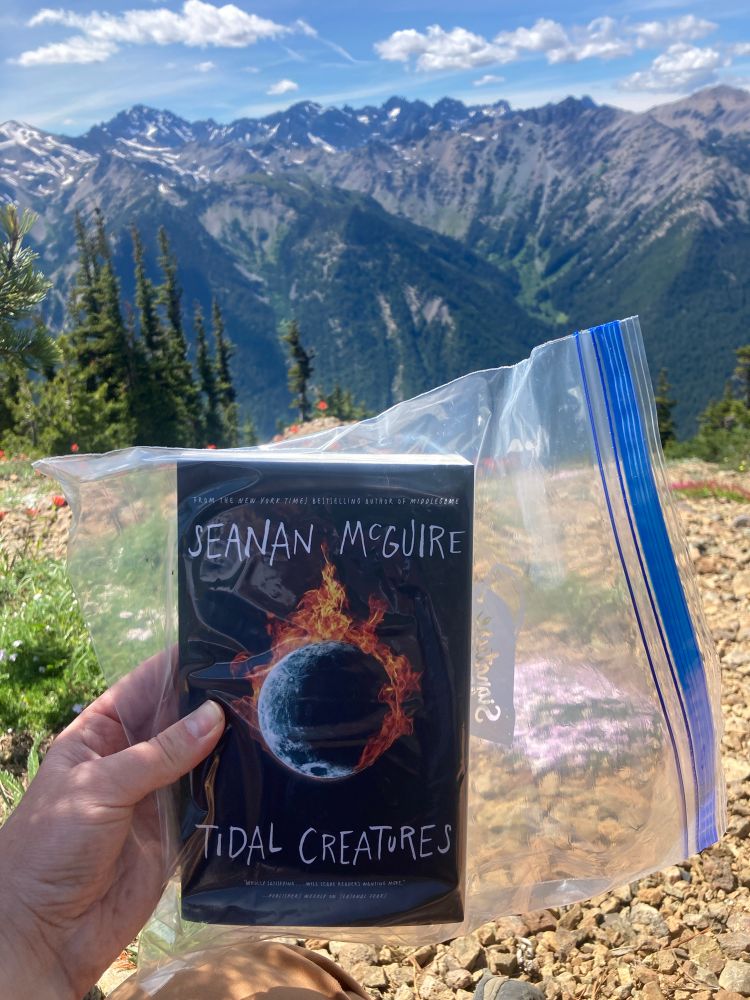 Just some light backpacking reading. Tidal Creatures by Seanan McGuire in a ziplock bag to keep it safe from the elements, with the Olympic Mountains in the background.