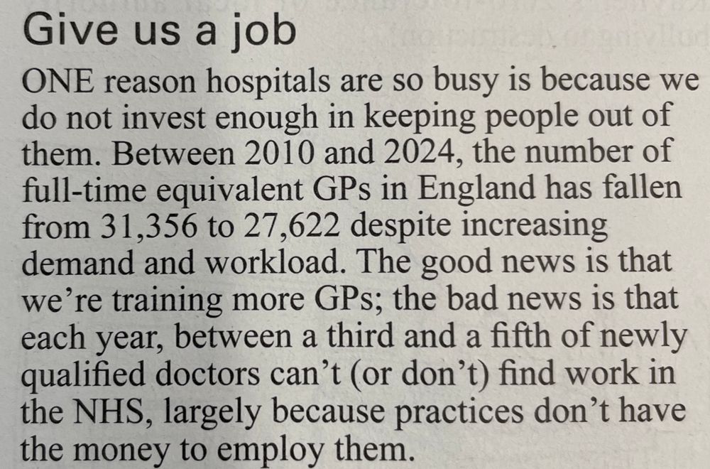 A picture of a piece in Private Eye noting that the number of FTE GPs has fallen heavily.