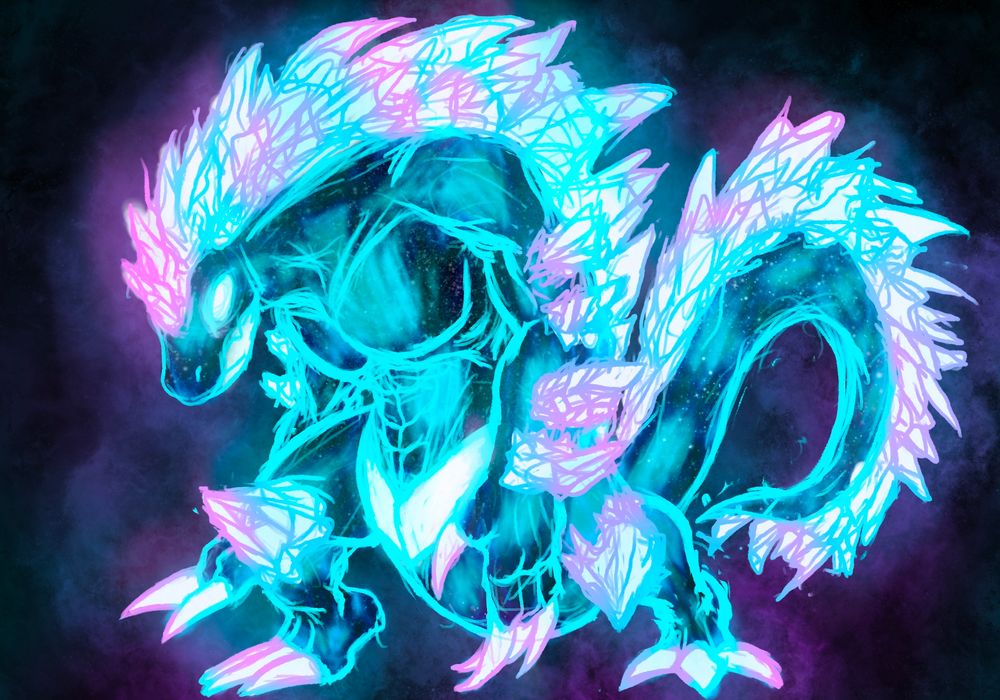 A cosmic version of the pokemon Feraligatr. Crystals sproud from across it's body