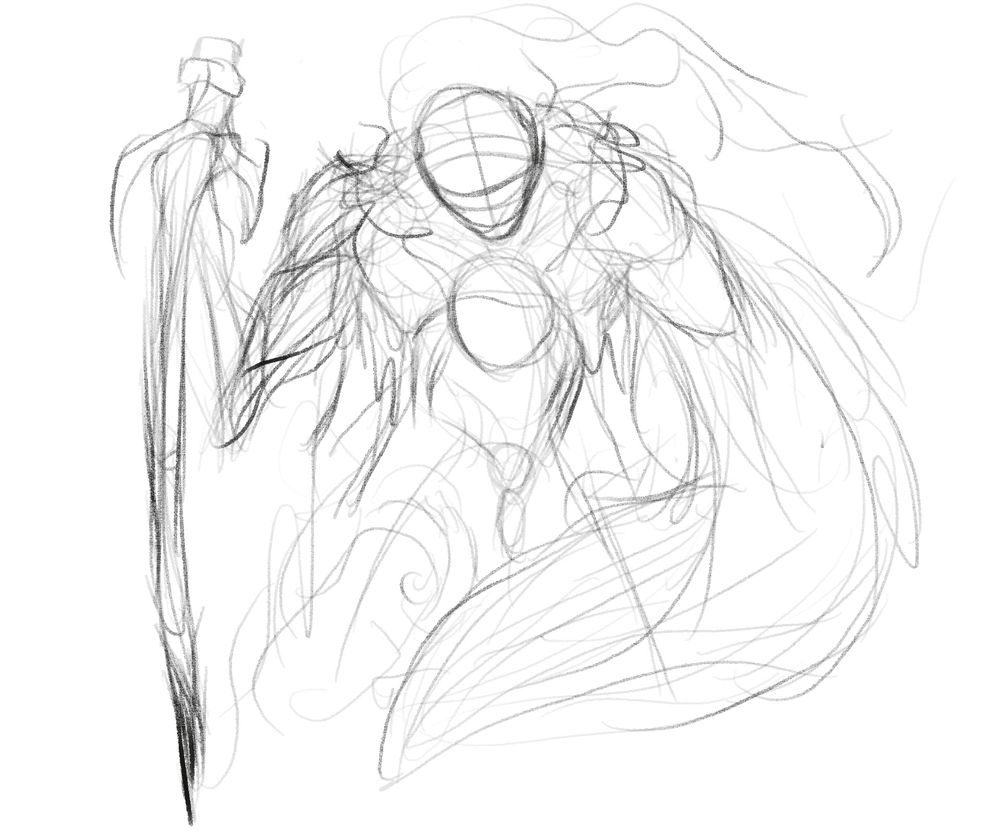 My fanmade Jojo stand, Ice Nine Kills, stands over a person, protecting them with its wing. INKs right arm is a mix of a pen and a sword, while the left arm is a wing. It has no facial feature except a cross, like those used for face reference. Smokes comes out from it's lower half, and around it's neck.