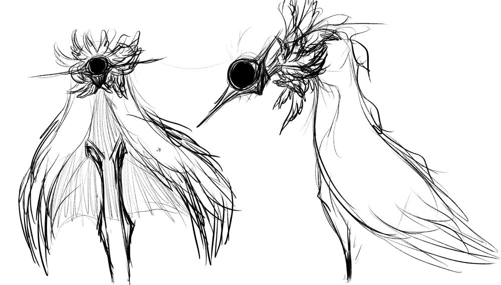 A monstrous oc called "harbinger of decay". It's head is a black hole with the lower half of a featureless human head. It's neck scruff is made of small wings. It has no torso, instead just being a cloak-like pair of wings. Under the cloak, two skeletal legs float in the air