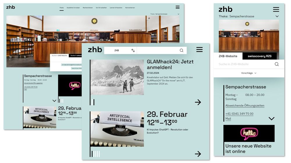 Screenshots von der neuen Website der ZHB Luzern. Auffällig ist das Konzept, dass sich rund um die Informationstheke in einer Bibliothek dreht: Auch auf der Website steht diese in digitaler Form im Zentrum und erlaubt es, Fragen zur Bibliothek und ihrer Benutzung zu stellen sowie mit möglichst wenigen Klicks zur gesuchten Information zu kommen. Zudem erstrahlt nun alles in einem neuen Salbeigrün.