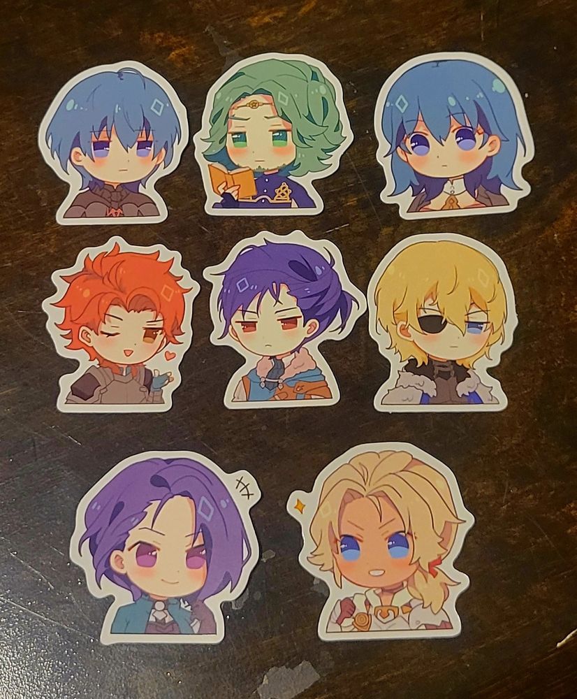Stickers of Byleth, Seteth, Sylvain, Felix, Dimitri, Shamir, and Catherine from Fire Emblem Three Houses