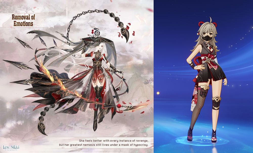 Love Nikki's "Removal of Emotions" next to Genshin's "Scarlet Shade"