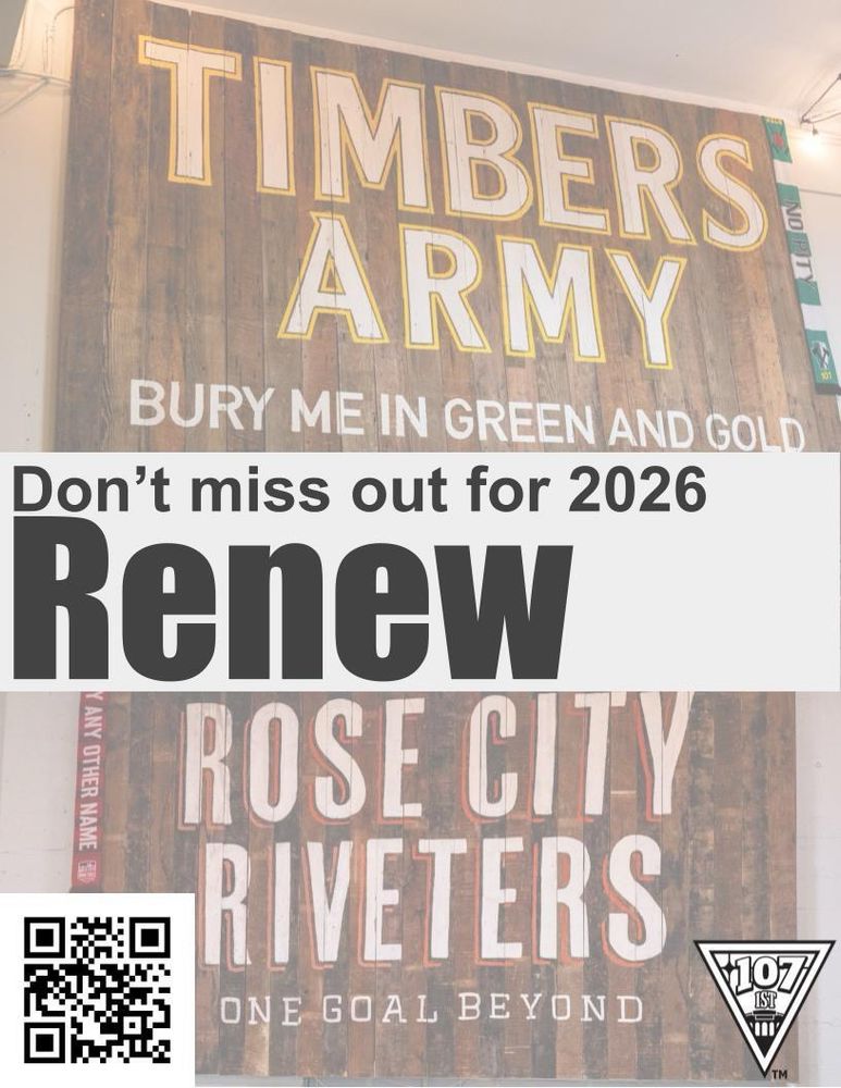 A digital flier promoting renewing your 107IST membership. It says don’t miss out for 2026, renew along with photos of the TA and Riveters signs in the Axe & Rose. 