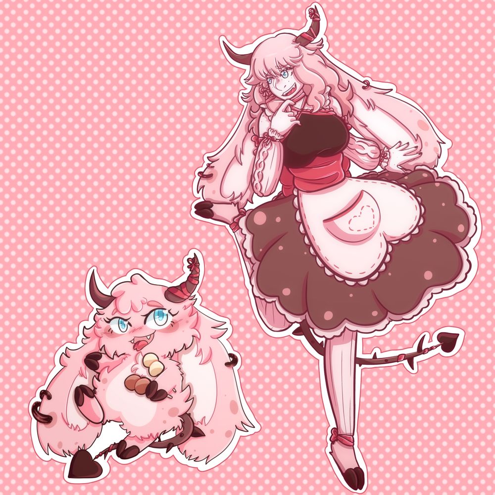 A gullbody drawing of a bunny and a humanoid, they are both the same character, the bunny is a fluffy pink creature with deer like talons, bull like horns and a spiked tail with a heart tip, the humanoid has bunny ears and many freckles, she is wearing a brown dress and a white overall