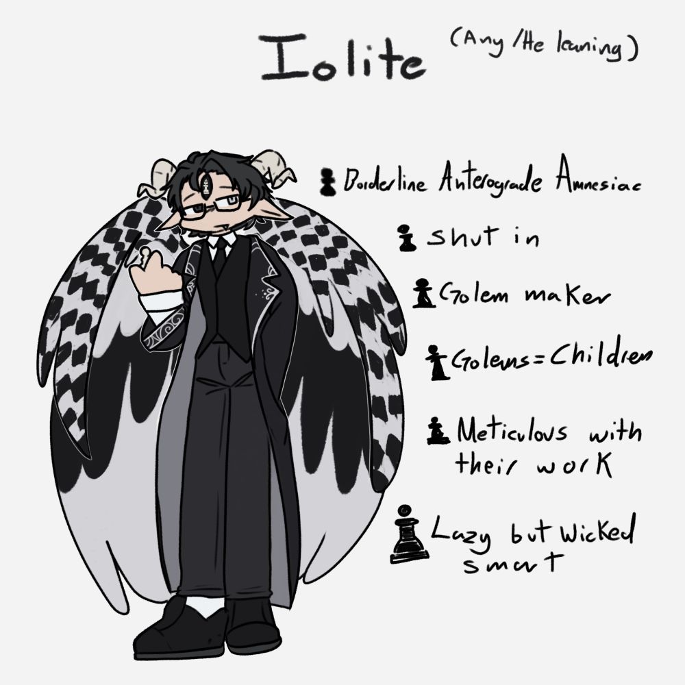 A chibi reference if Iolite, a devil with floppy ears and chess inspired wings. He is wearing a fancy coat as he gazes into the distance, notably he has one black eye and one grey one.