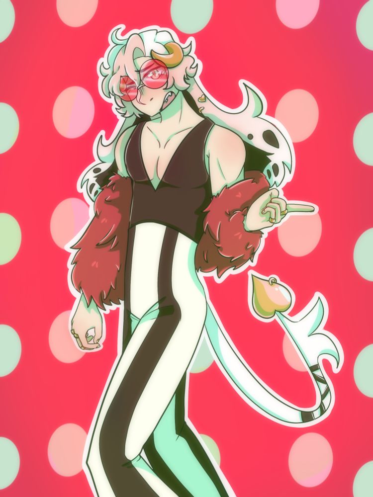 An ankle up drawing of a pale man with pink bunny ears, he is wearing black and white clothing and a fluffy red coat. 