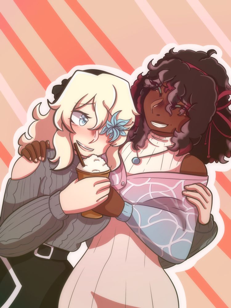 Two halfbodies, one is a blnde haired character with a blue flower in place of one of her eyes, the other is a Black woman with parts of her hair dyed pink, they are sharing a coffee!