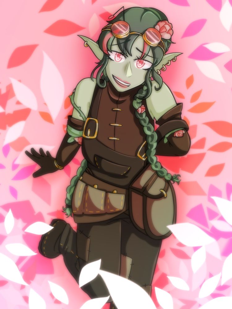 A knee up drawing of a green elven woman with pink glasses and a brown attire featuring an overall and gloves.