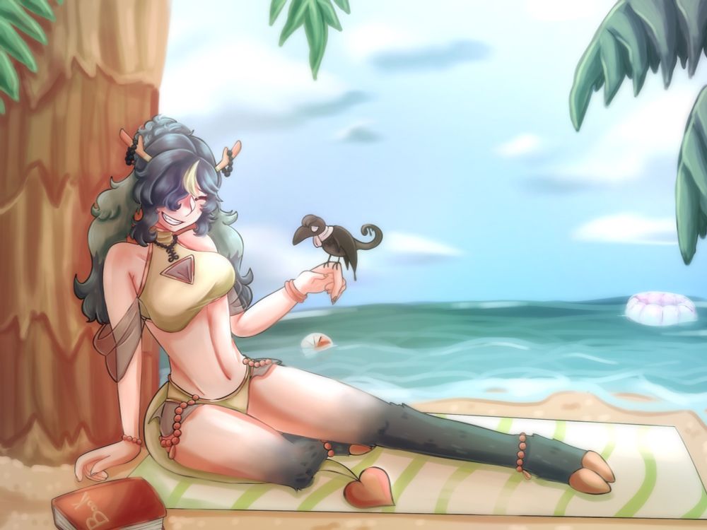 A fullbody illustration of Raine a succubun with teal hair and green ears, she is wearing a green swimsuit as she sits on a towel at the beach.