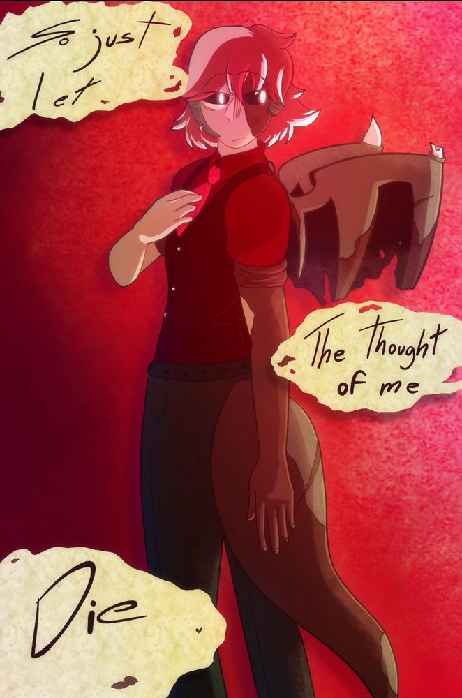 A humanoid dragon with red and white hair wearing a red suit.