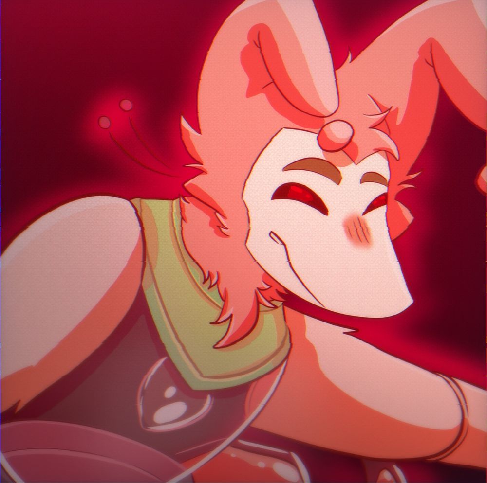 A pink fox like creature with a torso made of glass, inside of it, a lightbulb