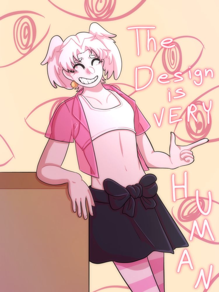 A knee up drawing of a pale individual with wings sprouting from their white hair, they are pointing to a side where the text “The Design is Very Human” can be read