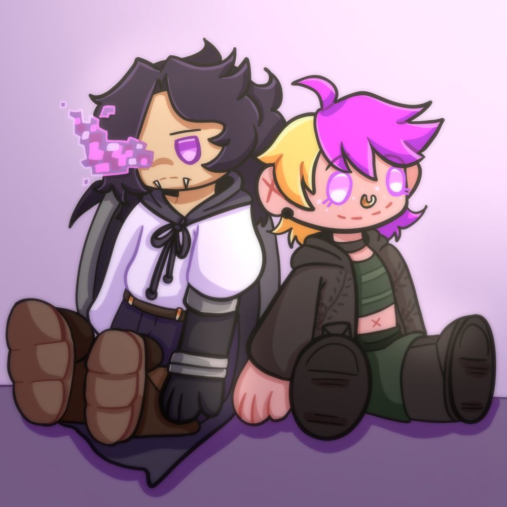 A drawing of two characters as plushies. The one on the left is a black haired individual with dragon wings, the one on the right has magenta and yellow hair and is wearing and green and black attire.