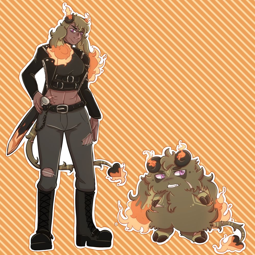 A drawing featuring and angry green bunny with fire on the tips of their ears and a humanoid version of said bunny that’s dressed like a biker