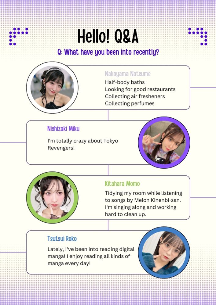 Hello! Q&A.

Q: What have you been into recently?

Nakayama Natsume: Half-body baths, looking for good restaurants, collecting air fresheners, collecting perfumes.

Nishizaki Miku: I'm totally crazy about Tokyo Revengers!

Kitahara Momo: Tidying my room while listening to songs by Melon Kinenbi-san. I'm singing along and working hard to clean up.

Tsutsui Roko: Lately, I've been into reading digital manga! I enjoy reading all kinds of manga every day!