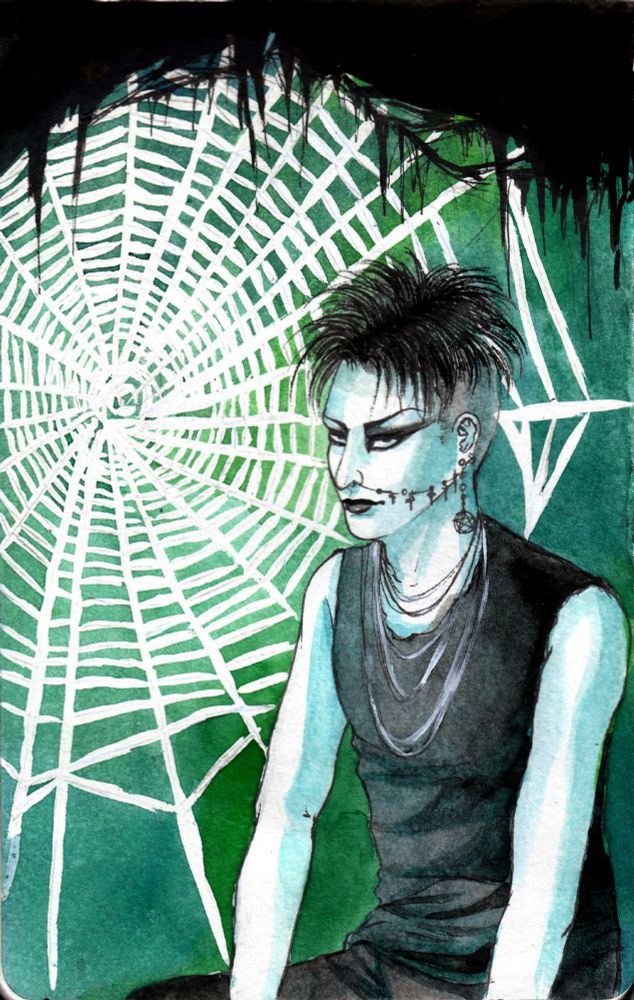 Watercolour drawing of a goth man sitting next to a giant spiderweb