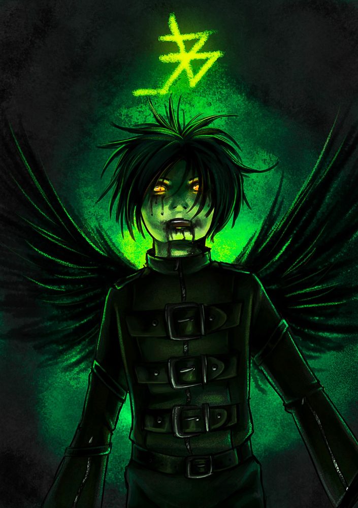 Edgy winged character with orange glowing eyes that wears a coat with belts and zippers. A yellow esoteric sign glows above his head