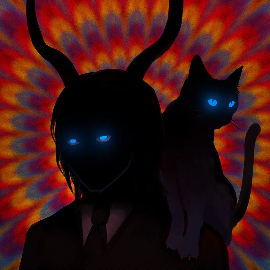 The dark sillhouettes of a horned man and a cat, that sits on his should (on the right side of the viewer's point). Both of their eyes have an eerie, blue glow.