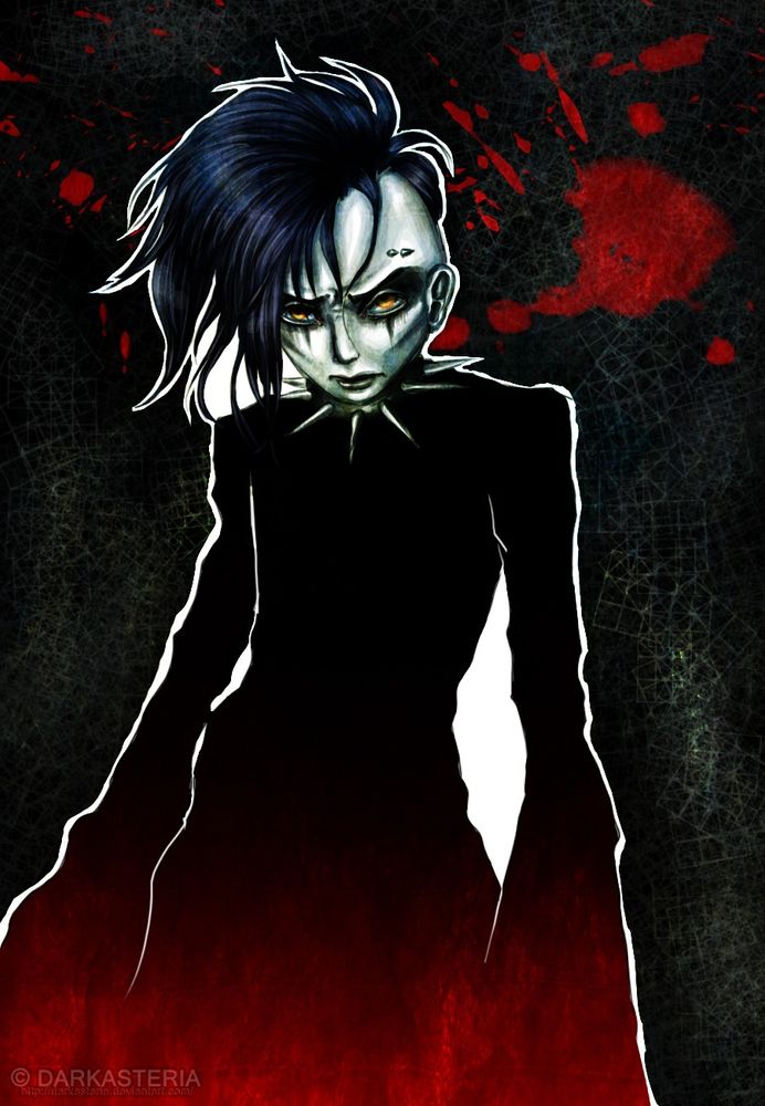 Portrait of an angry looking deathrocker, with blood spatters in the background