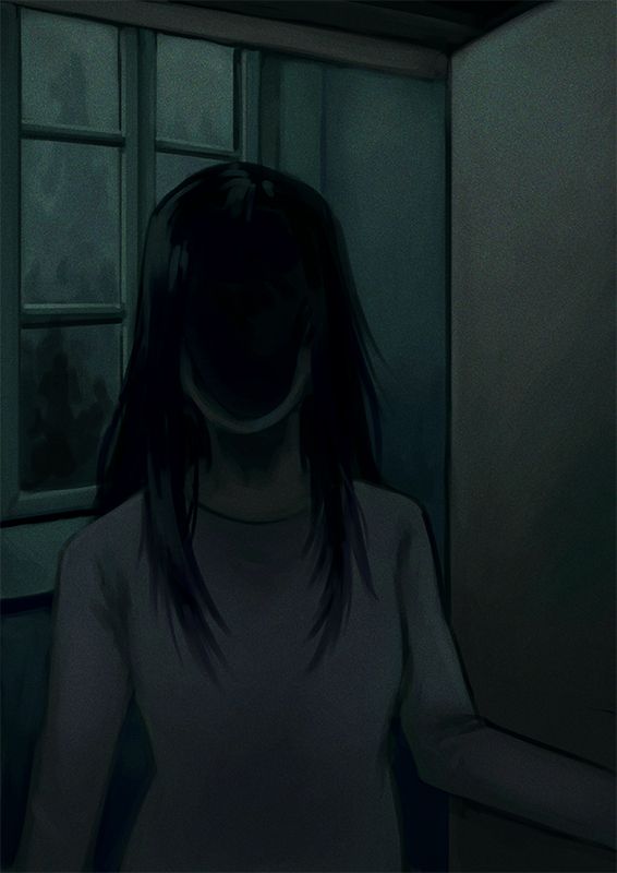 Creepy young woman with a blacked-out invisible face standing in front of a door. It is at night and dark. Behind her is a window that lets in a bit of light, drenching the scenery in a gloomy green