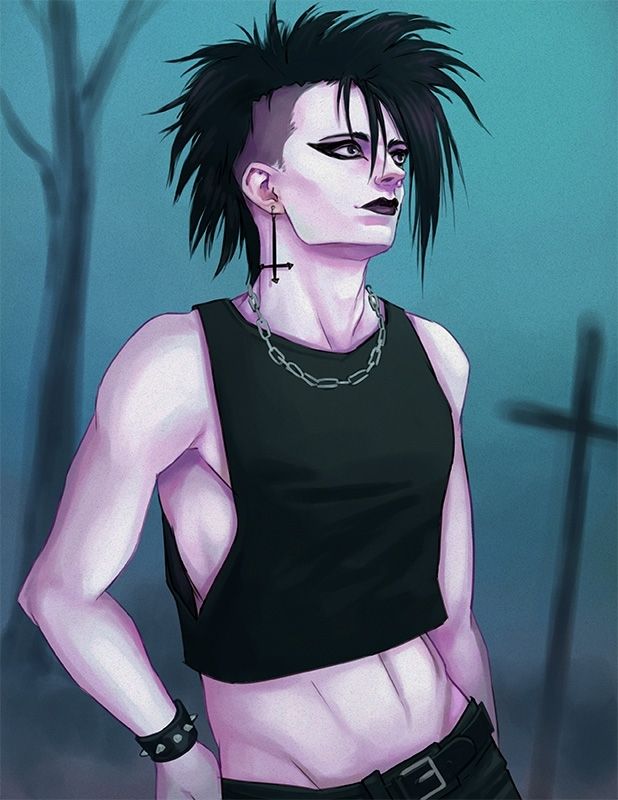 A young man wearing a black croptop sporting thick eyeliner and a teased mohawk stands in a foggy environment. Behind him stands a withered tree amd a cross. He looks up into the overcast sky, with a smirk on his face