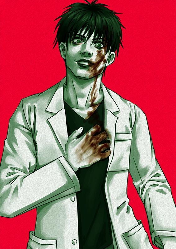 A color version of a black haired character wearing a labcoat, who is bleeding from the head. The blood is red and stains his hands. 
