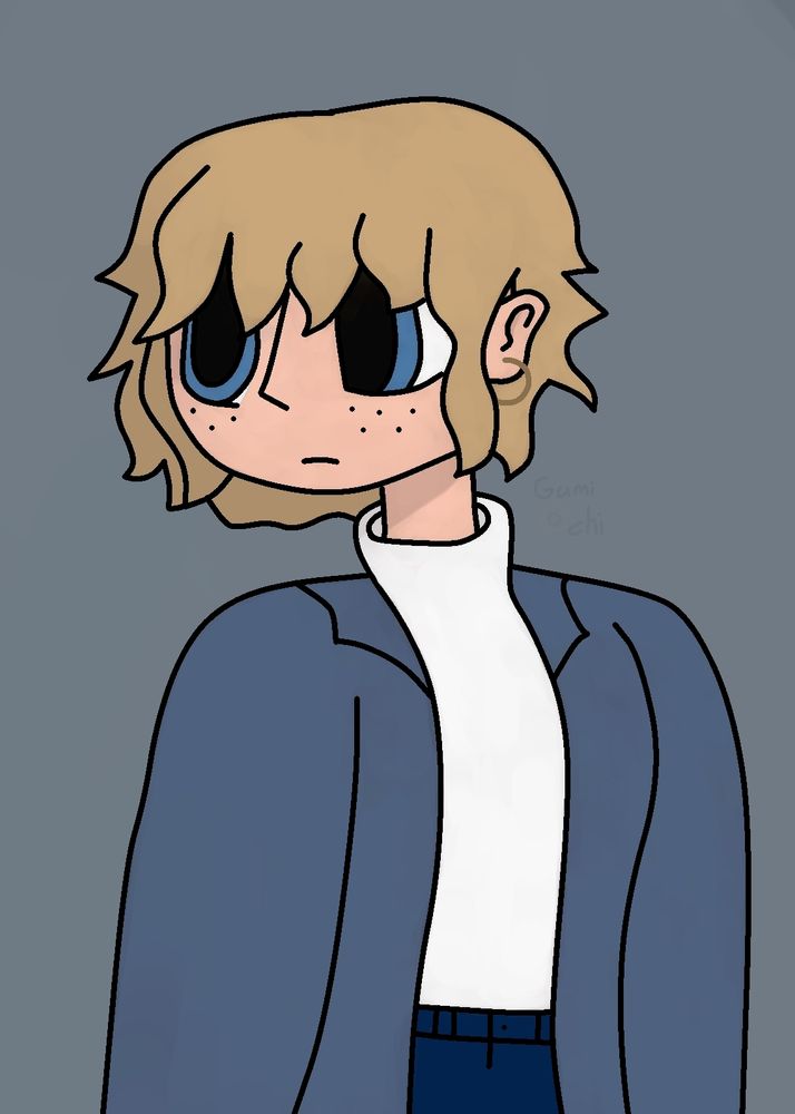 A blond girl with blue eyes, a grey-ish blue jacket and a white turtleneck shirt.