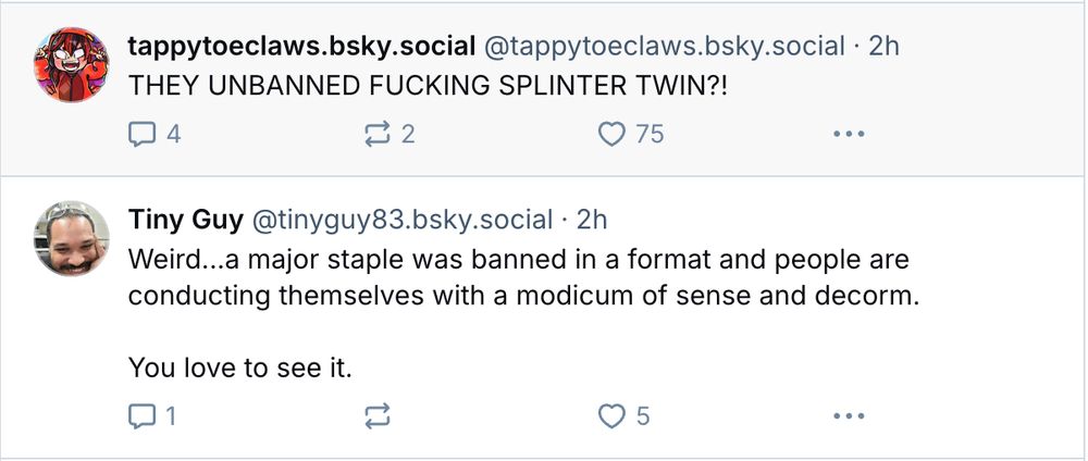 A screen capture regarding the recent bannings / unbannings in Magic, wherein one poster expresses mild pleasure at the lightheartedness of the dialogue, while Tappy Toe Claws ... is Tappy Toe Claws