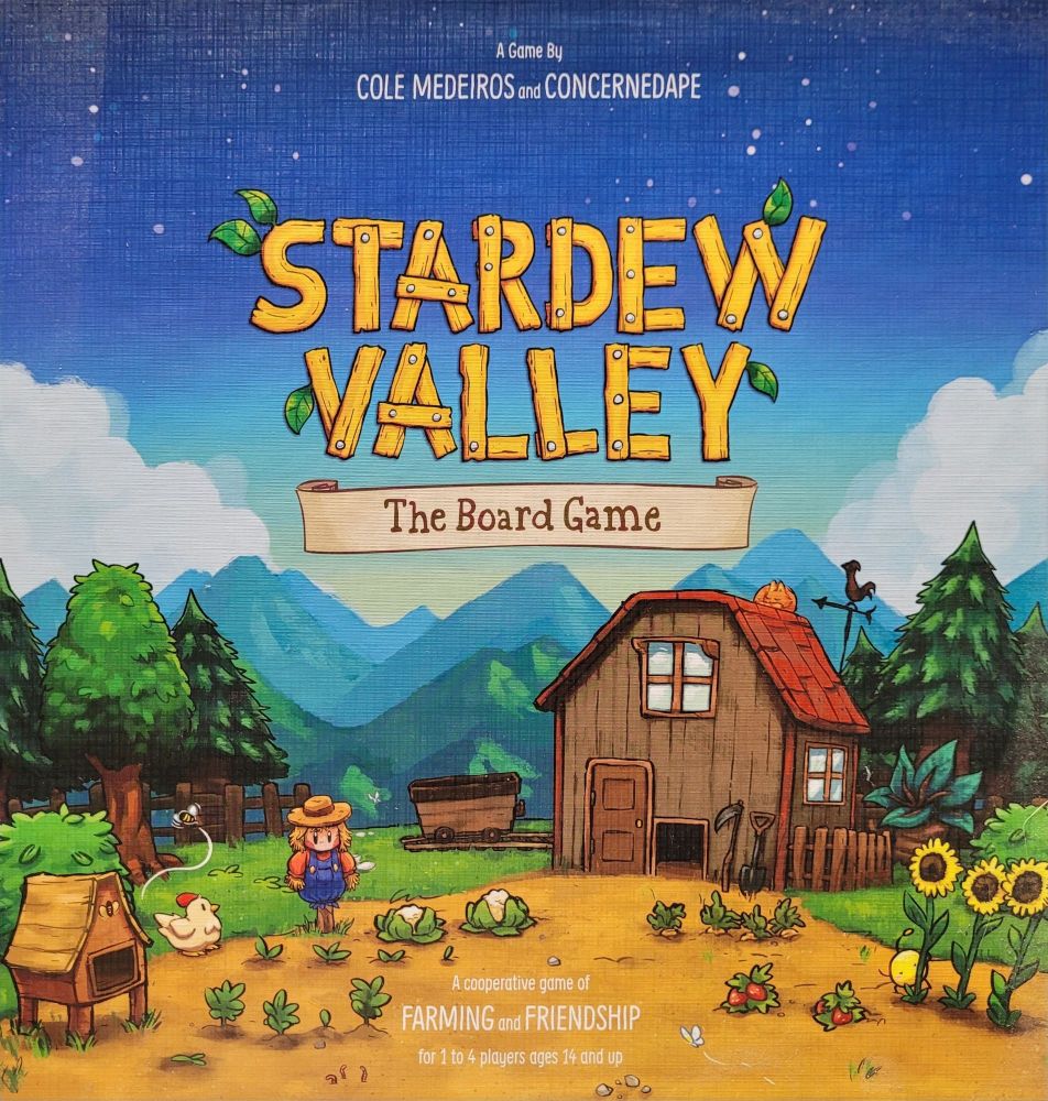 Der Deckel von dem Brettspiel Stardew Valley. 
Auf dem Bild ist ein gezeichneter Bauernhof mit Scheune im Hintergrund