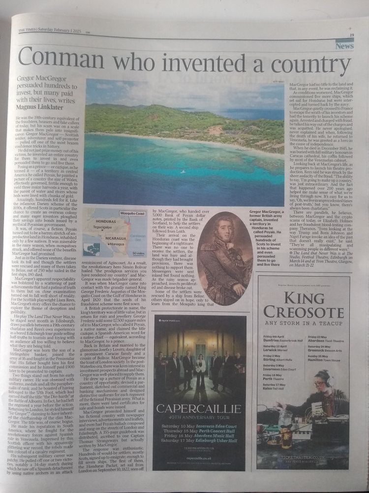 A newspaper article with the headline: Conman who invented a country. With a photo of a tropical beach.