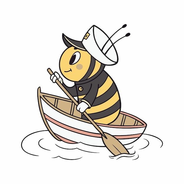 A cartoon bee with a sailor cap rowing a rowboat
