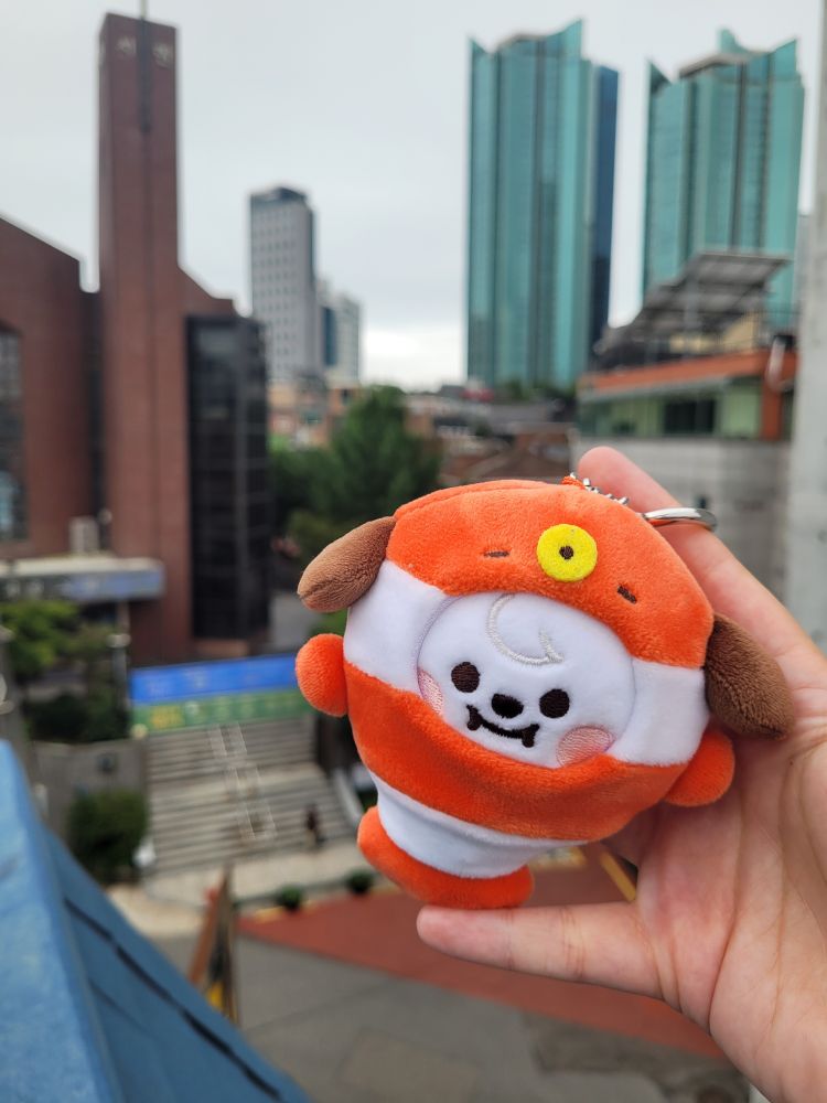 A keychain plush toy of BT21 Chimmy in a clownfish costume, held up in front of a view of Seoul from the roof of a building.