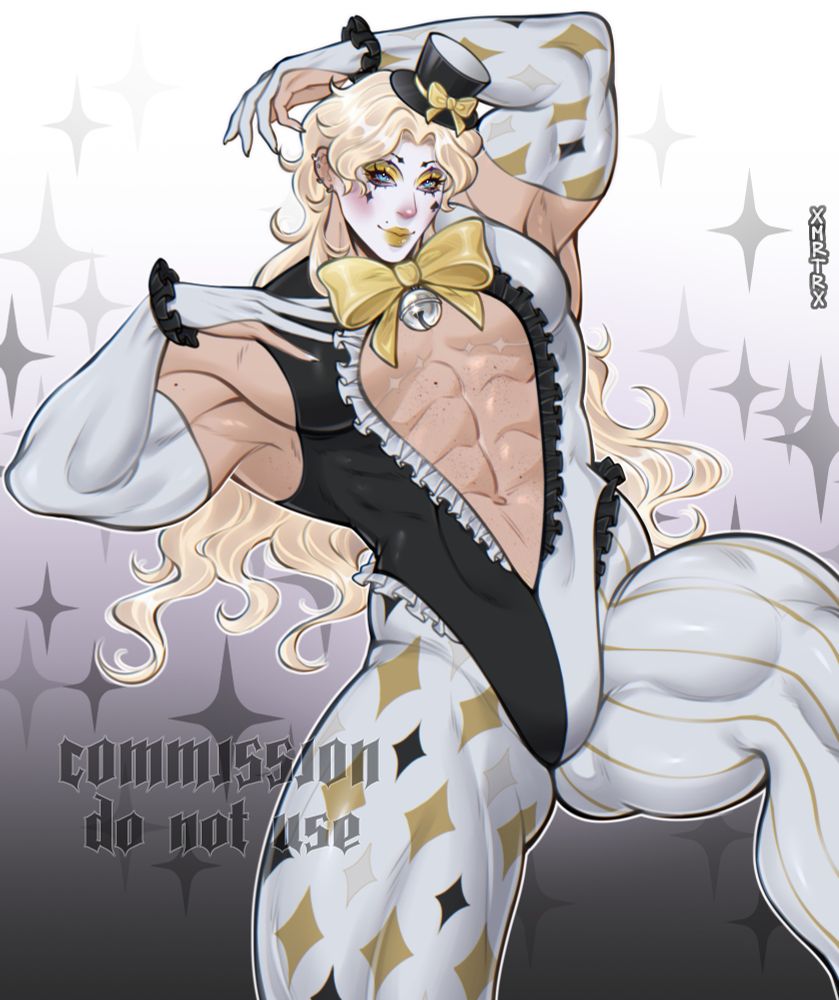 a commissioned drawing of an OC reclining with one arm behind his head and the other resting on his chest. his harlequin-esque costume - white and gold with black accents - has a large torso cutout, revealing his toned physique. the clown makeup he wears is inspired by one of Chappell Roan’s looks.