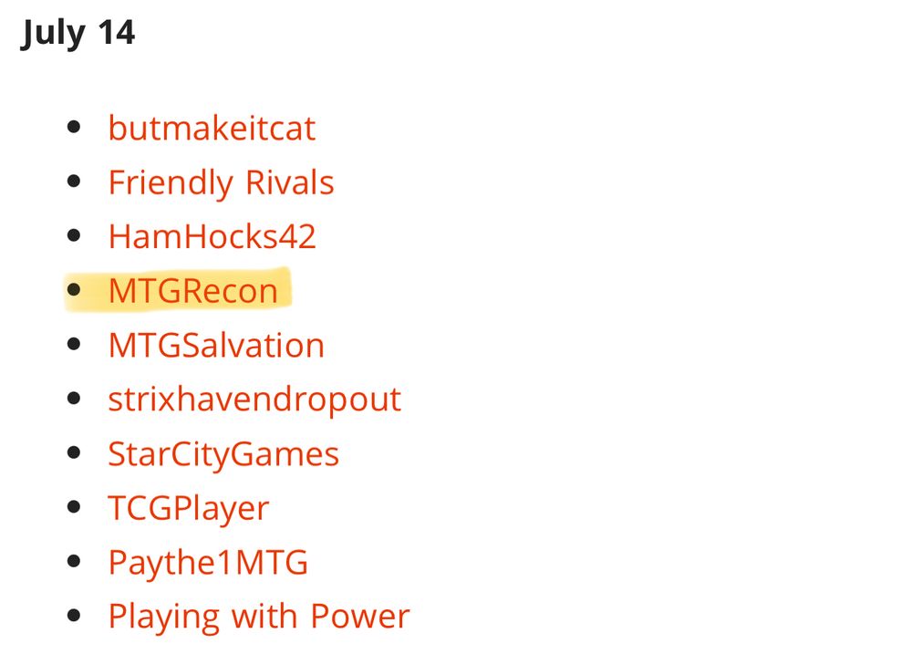 The list of names revealing cards for Edge of Eternities on July 14 with MTGRecon highlighted