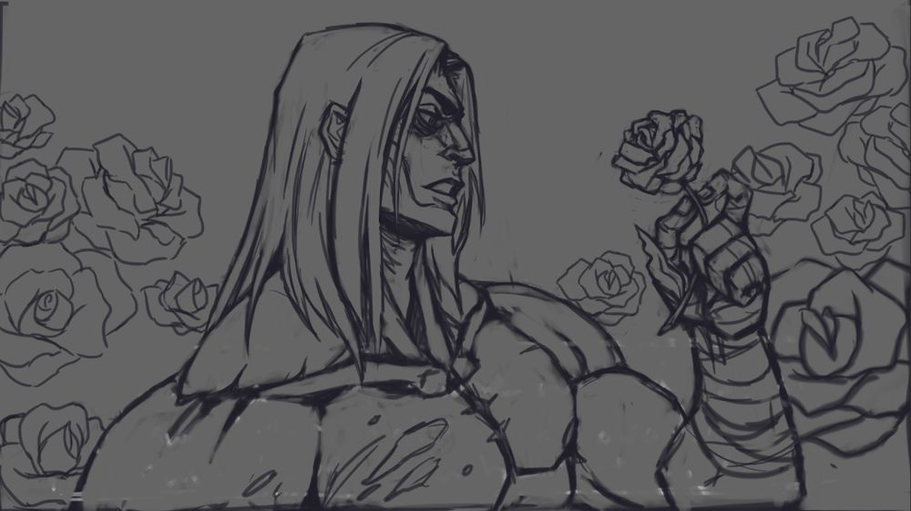 maskless death from darksiders holding a rose surrounded by more roses facing right. image is in greyscale.