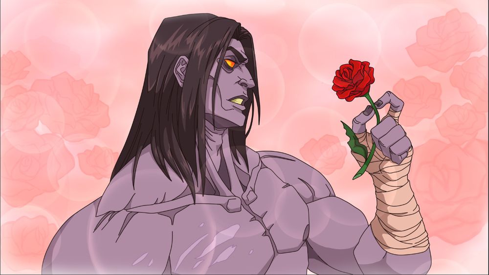 maskless death from darksiders holding a rose surrounded by more roses facing right. image colored in soft pinks and purples while the rose is red.